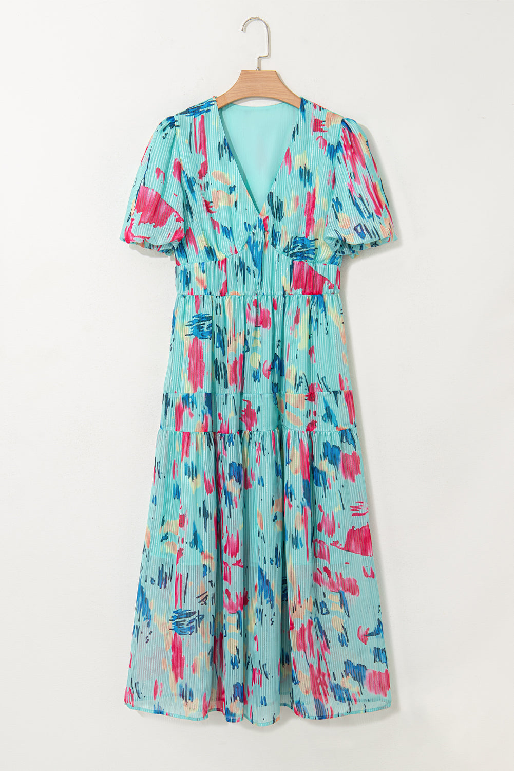 Rose Abstract Print Short Puff Sleeve Tiered Maxi Dress