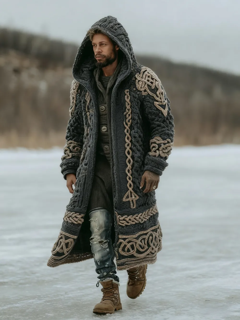 Men's Viking Celtic Knot Art  Mid-length Chunky Knit Cardigan Sweater