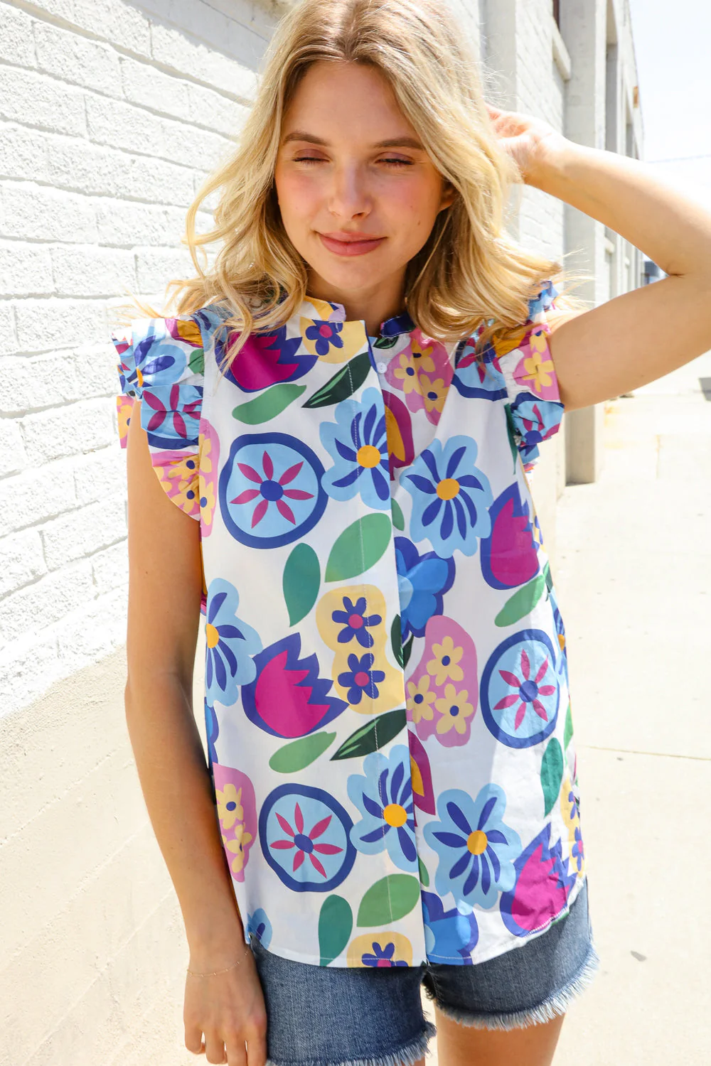 Adorable You White & Blue Abstract Print Flutter Sleeve Notch Neck Top