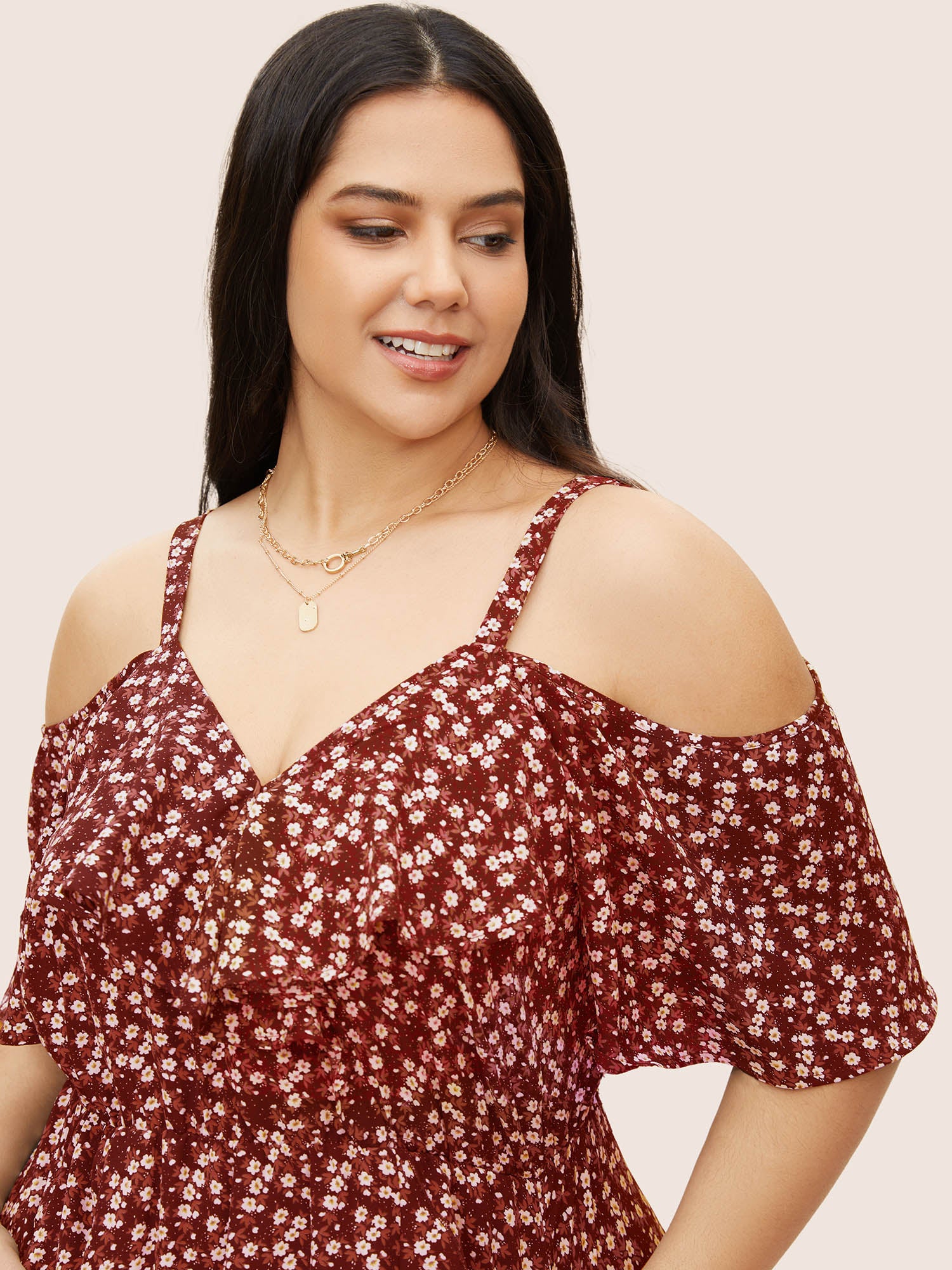Ditsy Floral Pocket Wrap Cold Shoulder Ruffle Dress