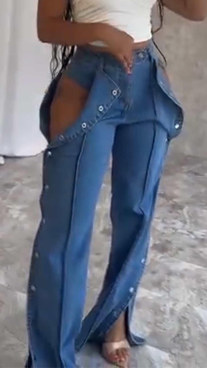 Ladies' Buckle and Slit Casual Denim Pants