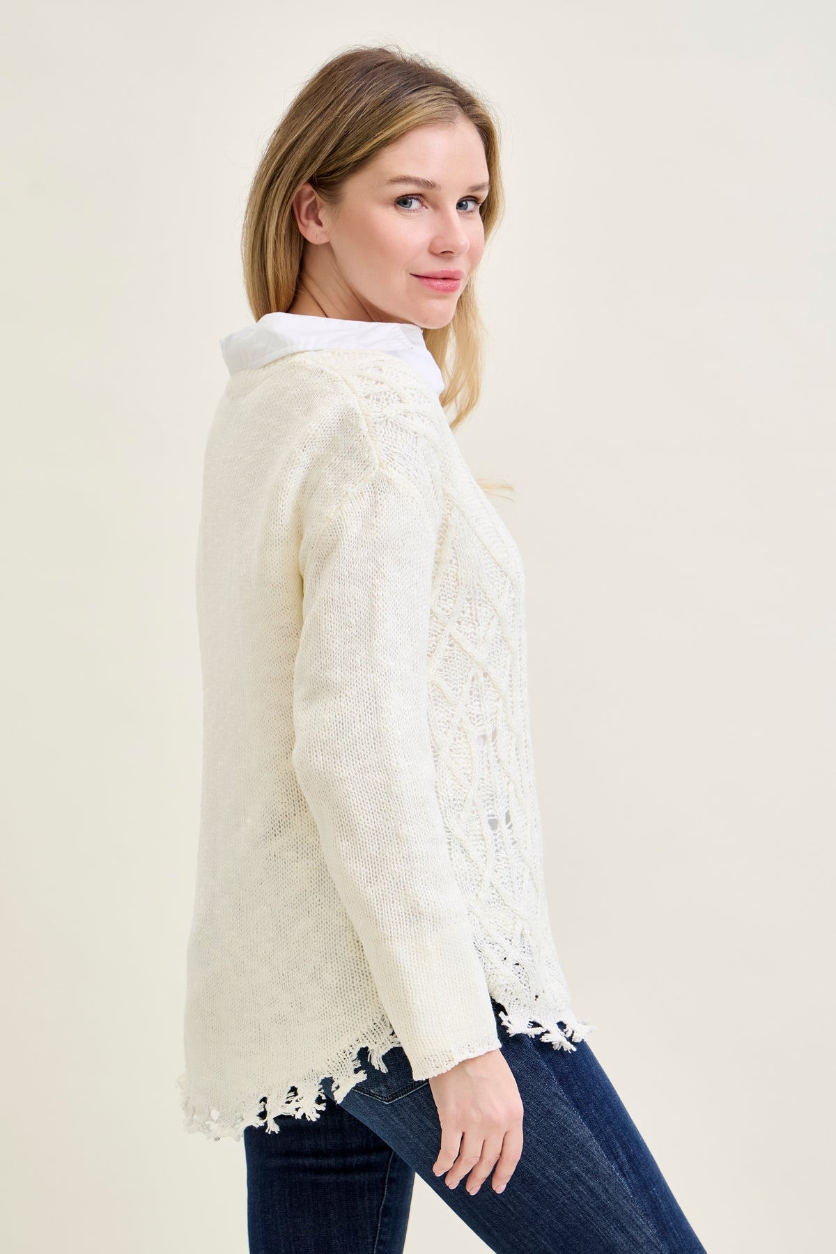 Cable Front Fringe Pullover White Sweater