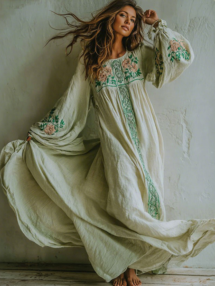 Women's Floral Printed Art V-neck Long Sleeve Maxi Dress