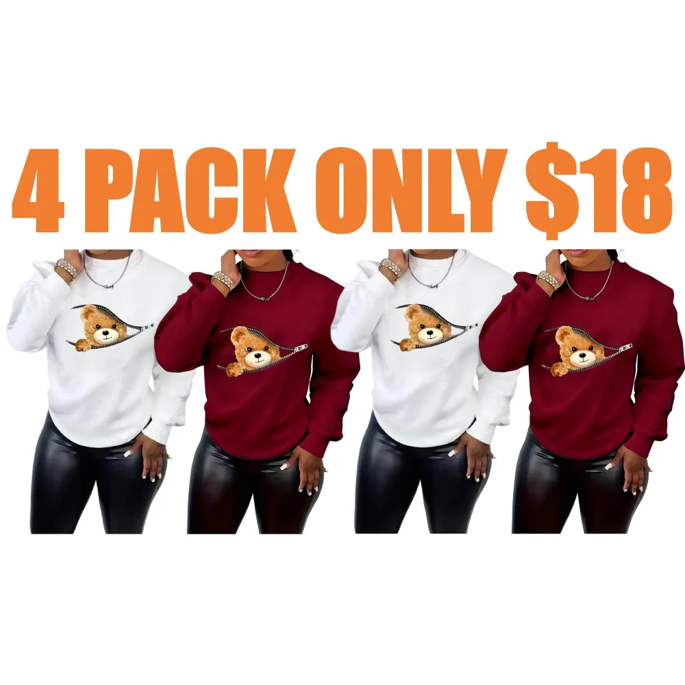 Women's Cartoon Bear Print Drop Shoulder Longsleeves