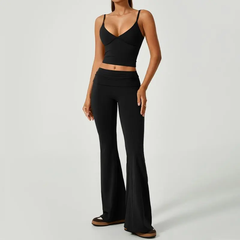 Women's 2-Piece Deep V Crop Cami & Flared Pants Set