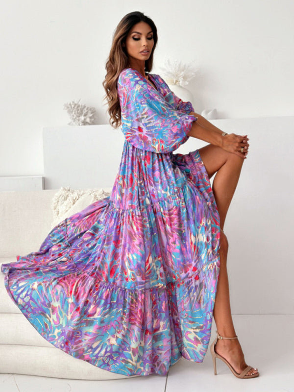 Sexy Deep V Multi-Color Printed Slit Dress With Three-Quarter Sleeves