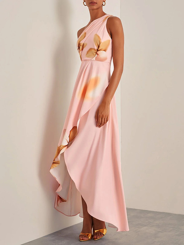 Flower Printed Off-The-Shoulder Asymmetric Split-Side Elegant Evening Maxi Dresses