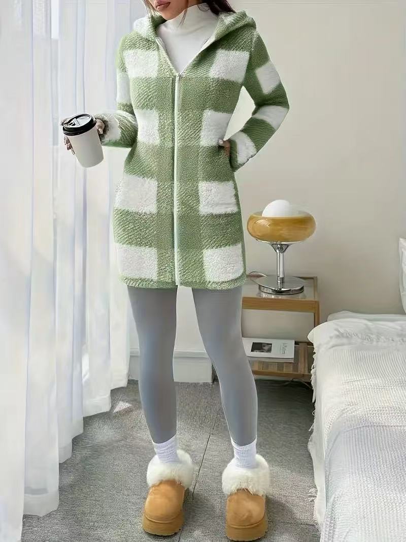Women's Plaid Fleece Long Sleeve Hooded Coat, Casual Style, Moderate Fabric Thickness, All Seasons Wear, Comfortable Fit
