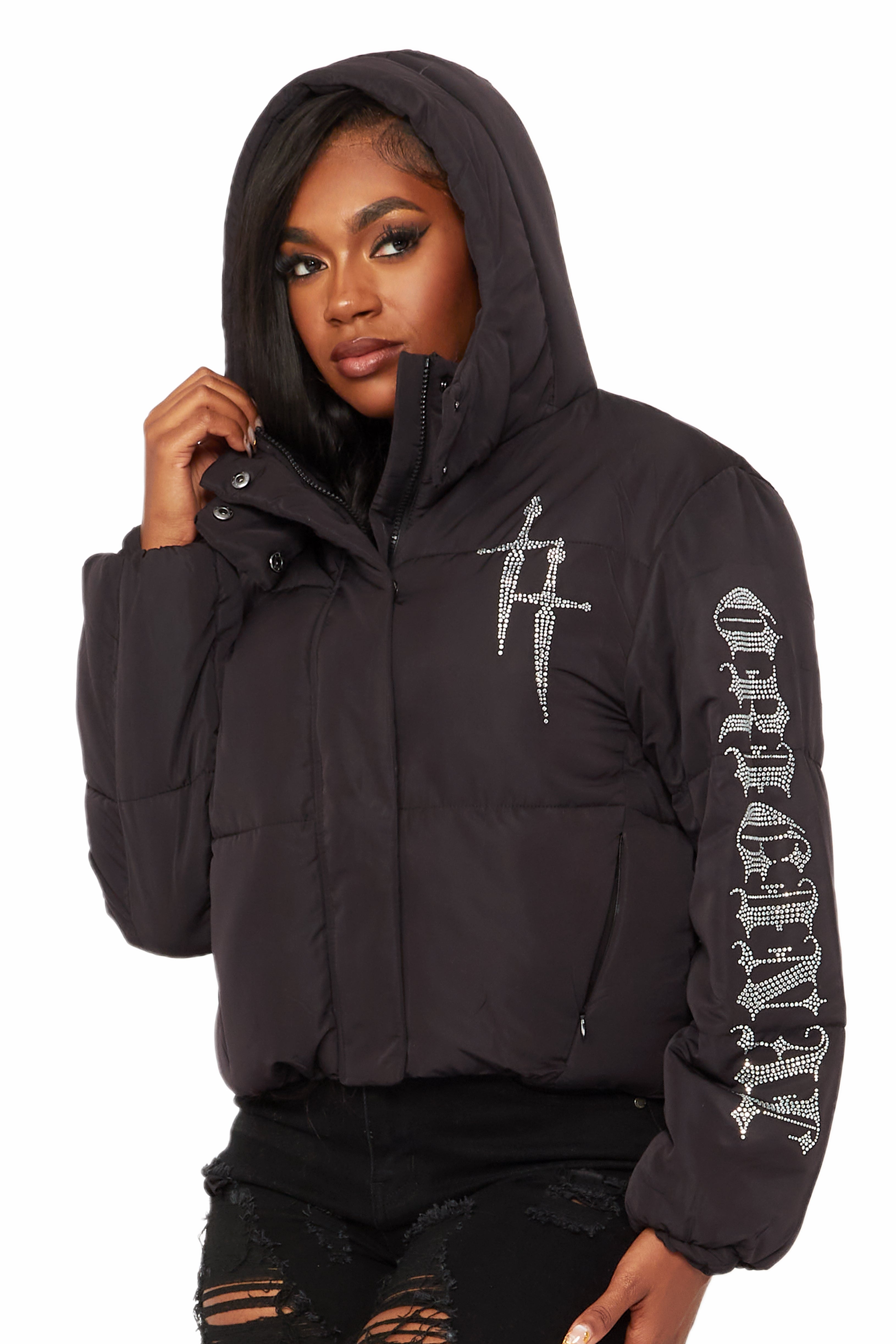Kalisha Black Rhinestone Puffer Jacket