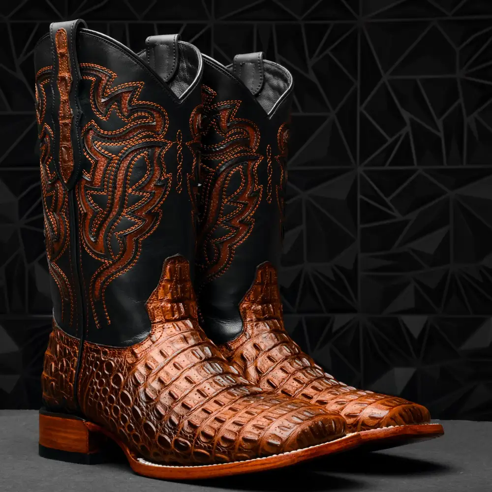 Metallic Cognac Caiman Hornback Leather Boots - Square Toe
