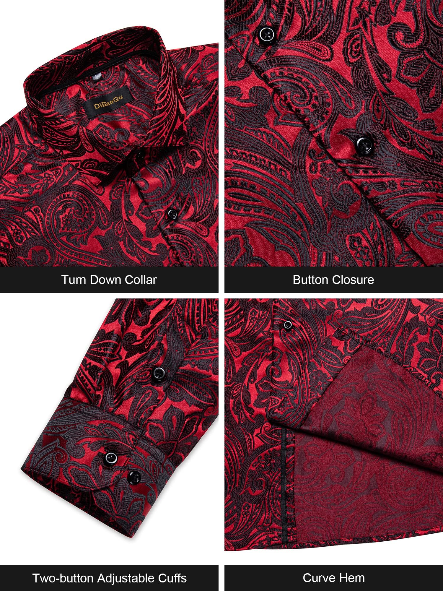 Men's Paisley Dress Shirt Long Sleeve Wrinkle Free Button Down Cowboy Shirts - Red&black&paisley