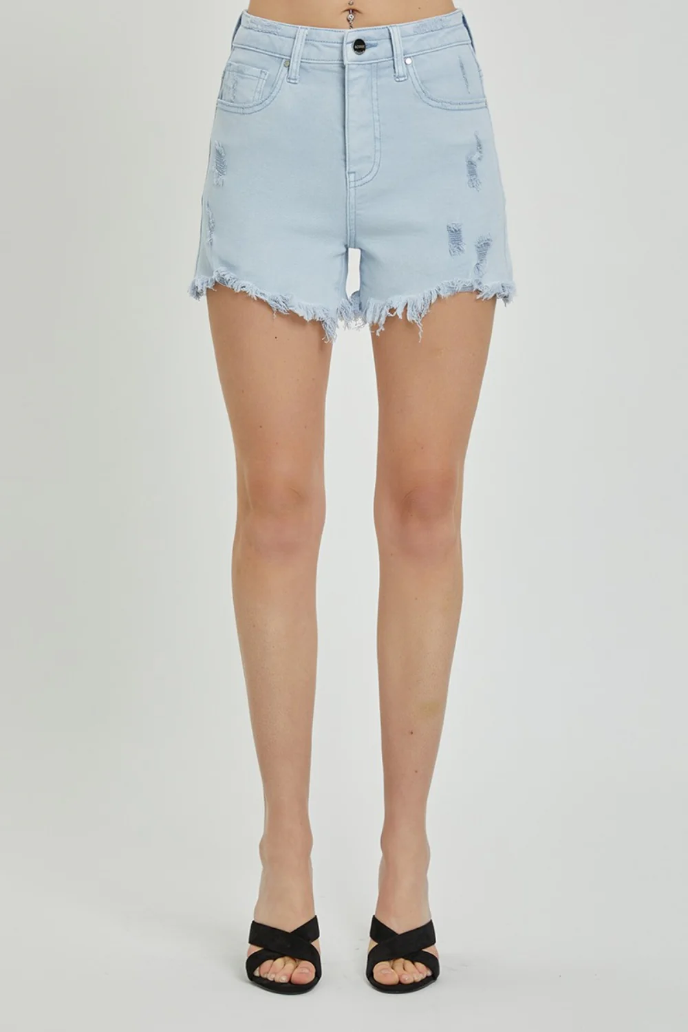High Rise Distressed Detail Denim Shorts