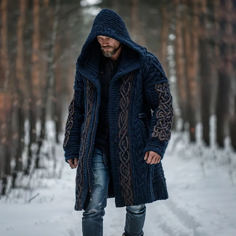 Men's Vintage Viking Celtic Knot Art Chunky Knit Mid-length Hooded Cardigan Sweater