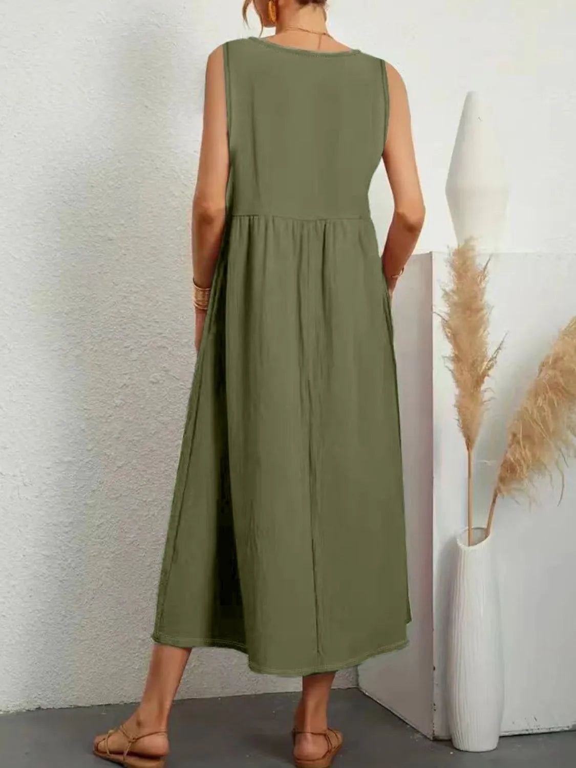 Full Size Pocketed V-Neck Sleeveless Midi Dress Plus Size