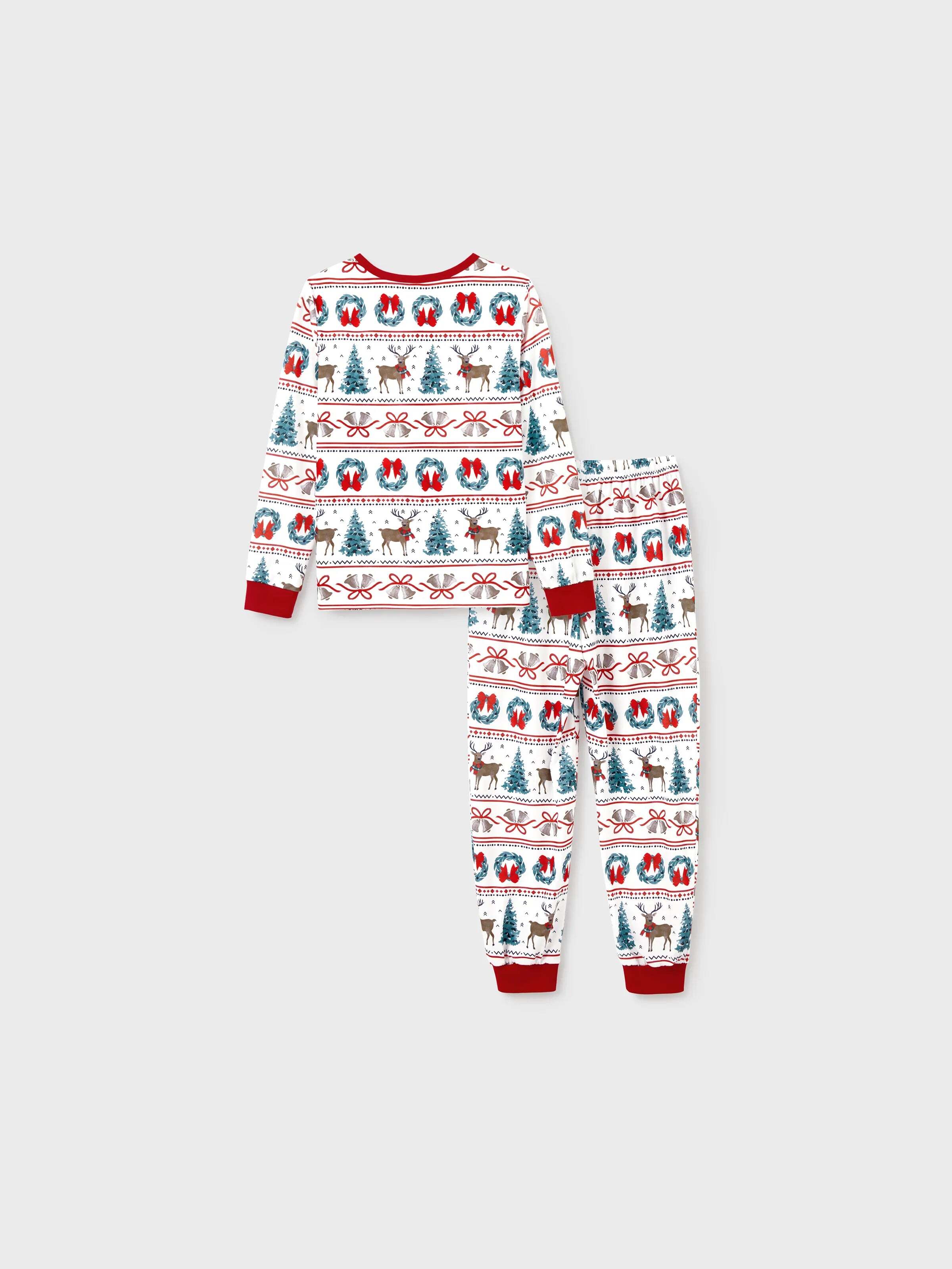 Christmas Matching Family Pajamas Set Christmas Elk and Bell Print Striped PJS with Christmas Socks White