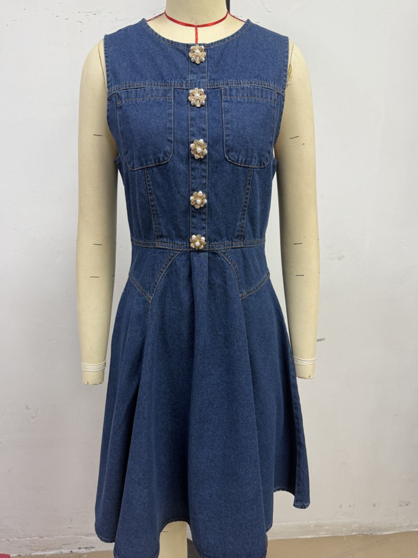 Button Decor Sleeveless Denim Dress