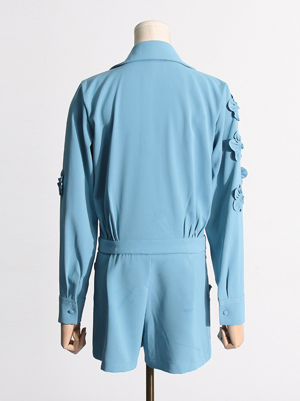 Solid Color Three-Dimensional Flower High Waisted Long Sleeves Lapel Rompers