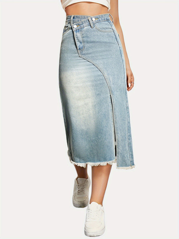 Versatile American Retro Denim Slit Splicing Mid-Length A-Line Skirt