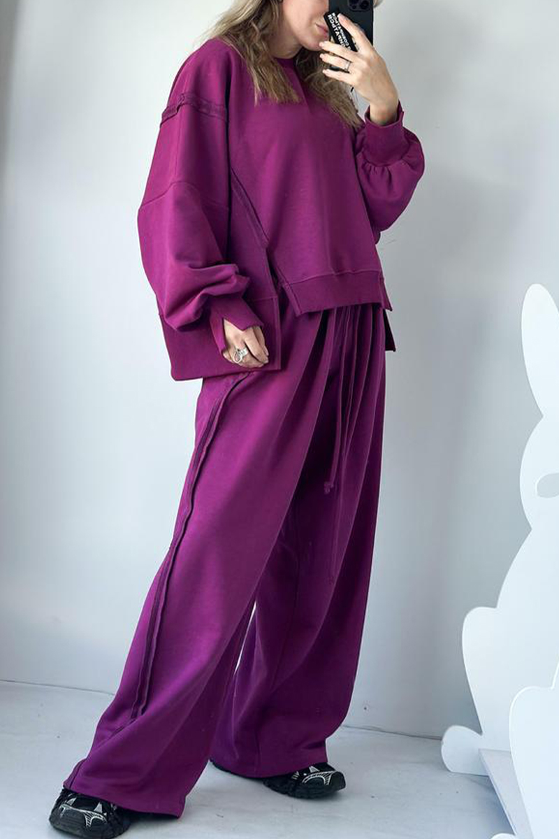 Women Round Neck Spliced Sweatshirt + Drawstring Pants Casual Set