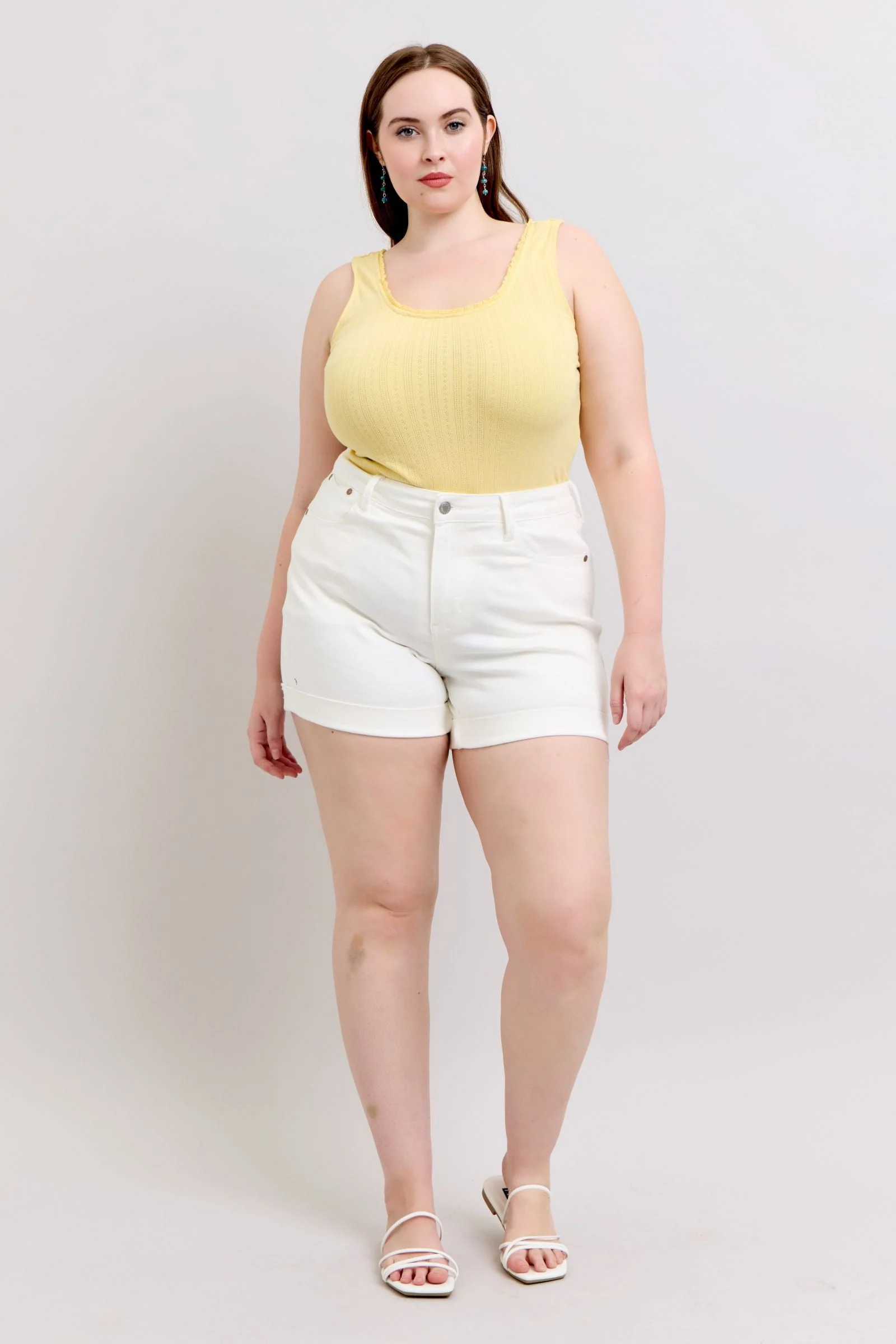 High Rise Double Roll Cuffed Shorts in White