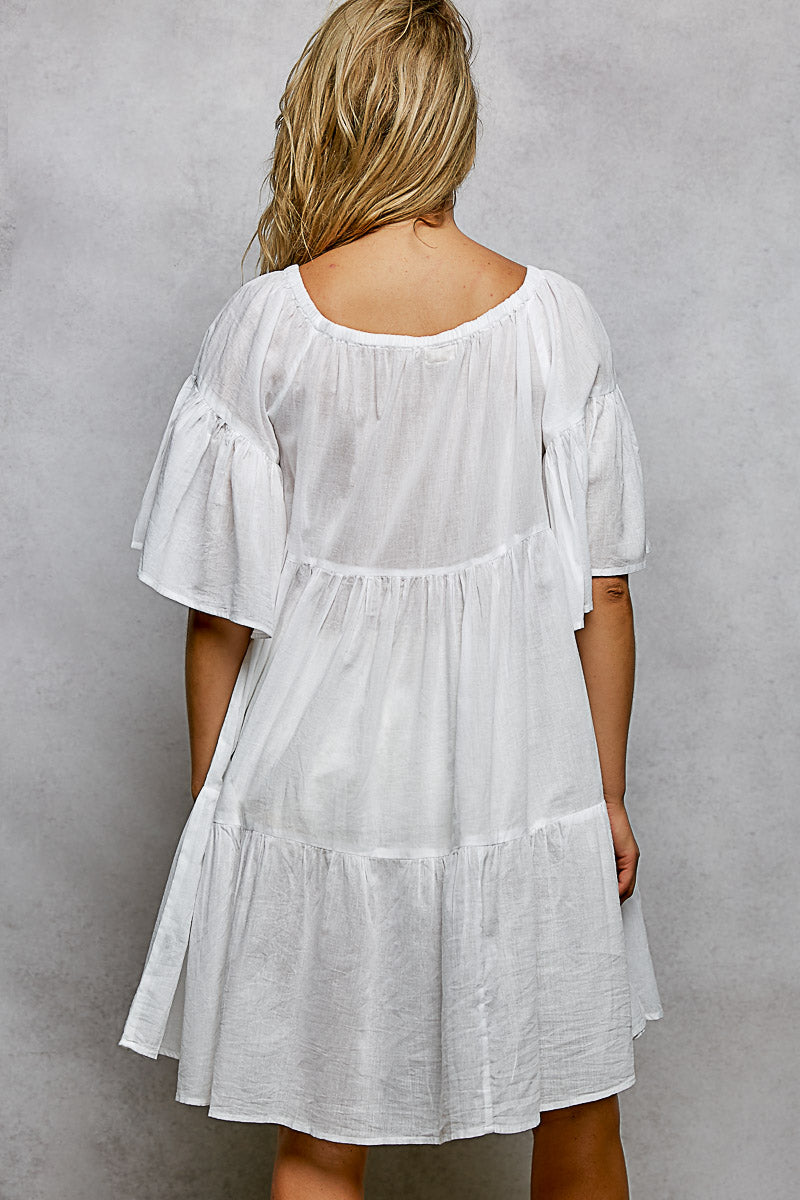 Tied Tassel Embroidery Half Flared Sleeve Mini Dress