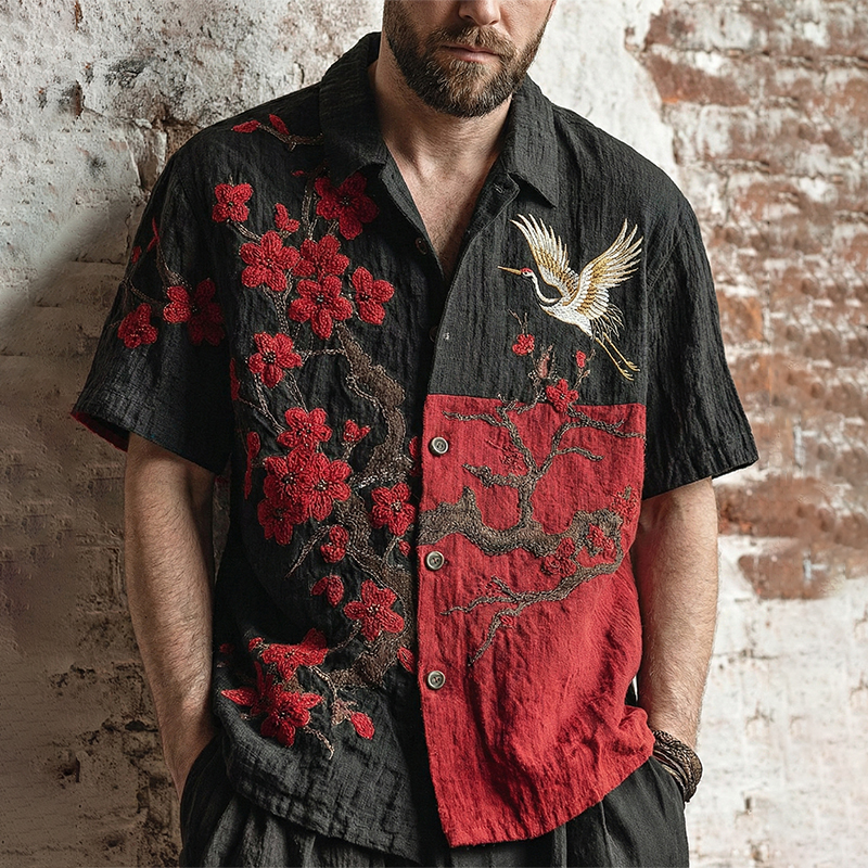 Men's Japanese Cherry Blossom And Crane Pattern Short Sleeve Shirt