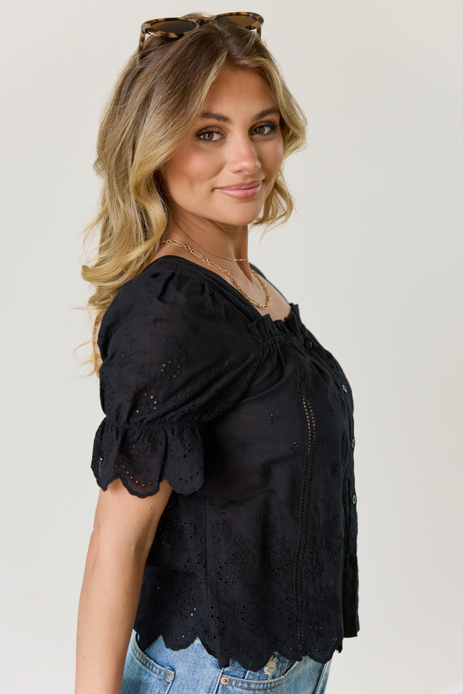 Michelle Black Eyelet Puff Sleeve Top