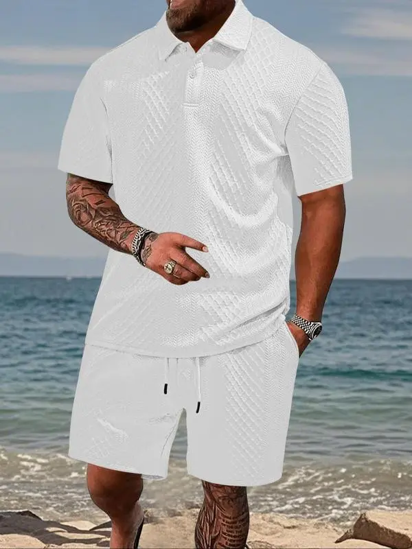 🔥 8-Set Men's Textured Polo & Shorts Sets – Casual Summer Two-Piece Outfits