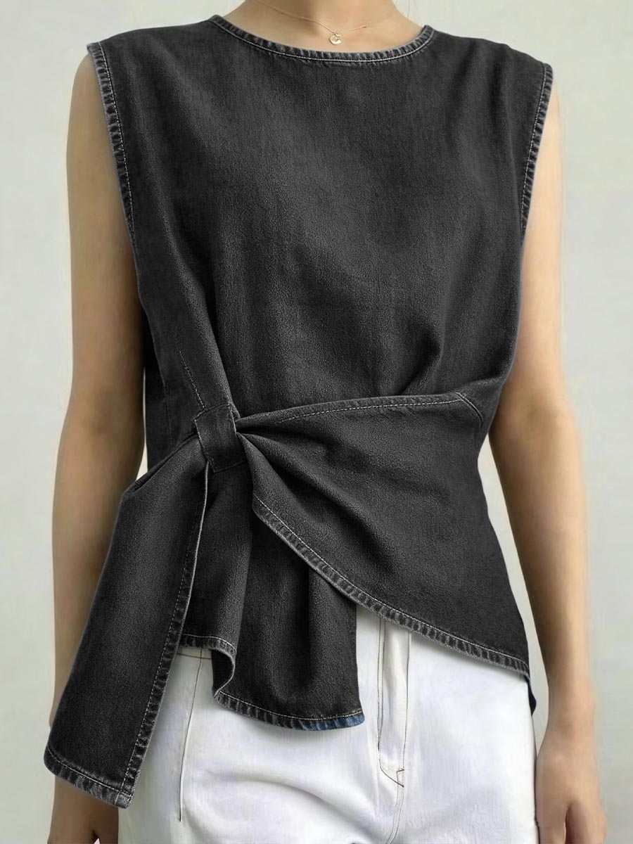 Women's Round Neck Sleeveless Loose-fitting Casual Denim Top