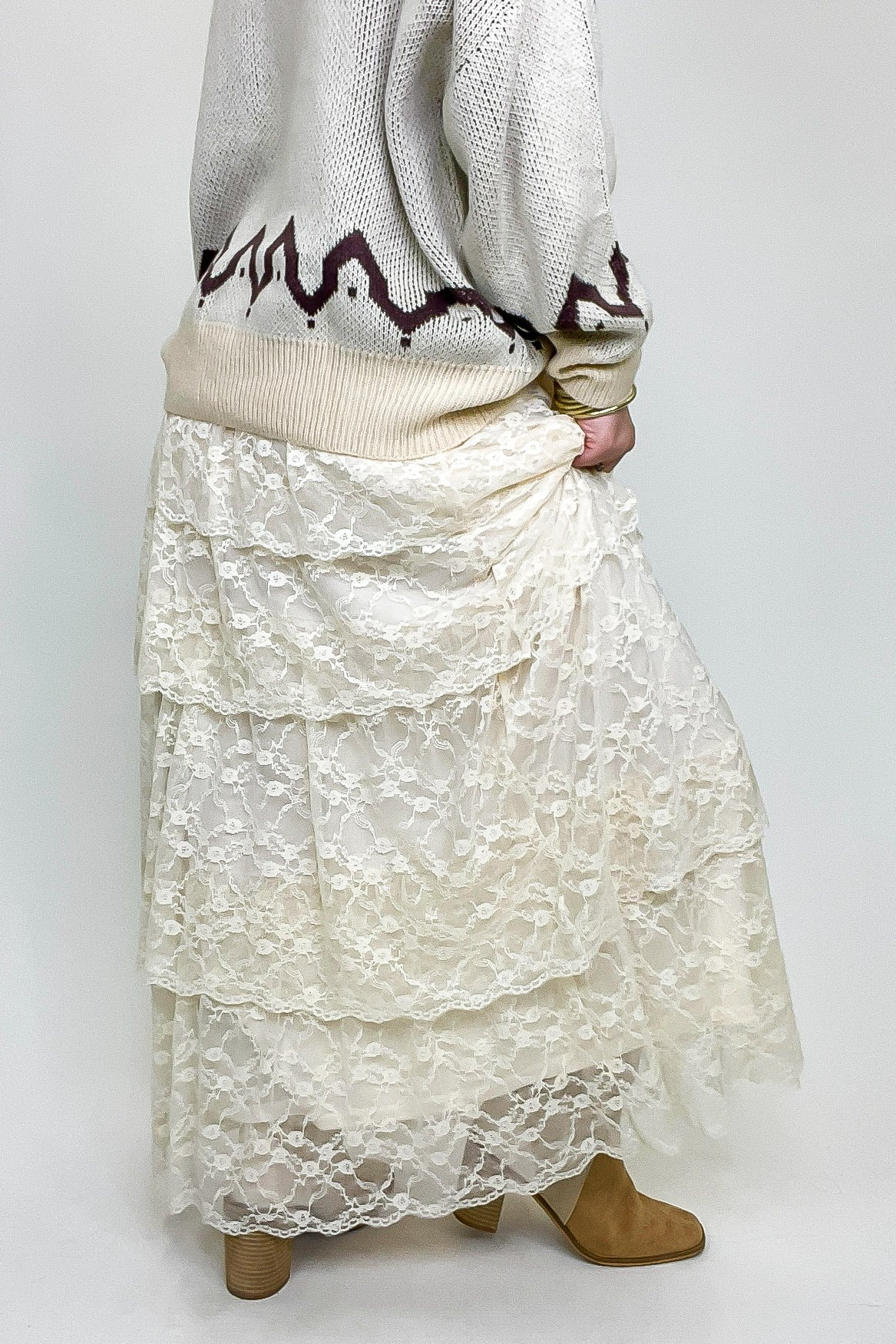 Vintage Veil Tiered Lace Maxi Skirt