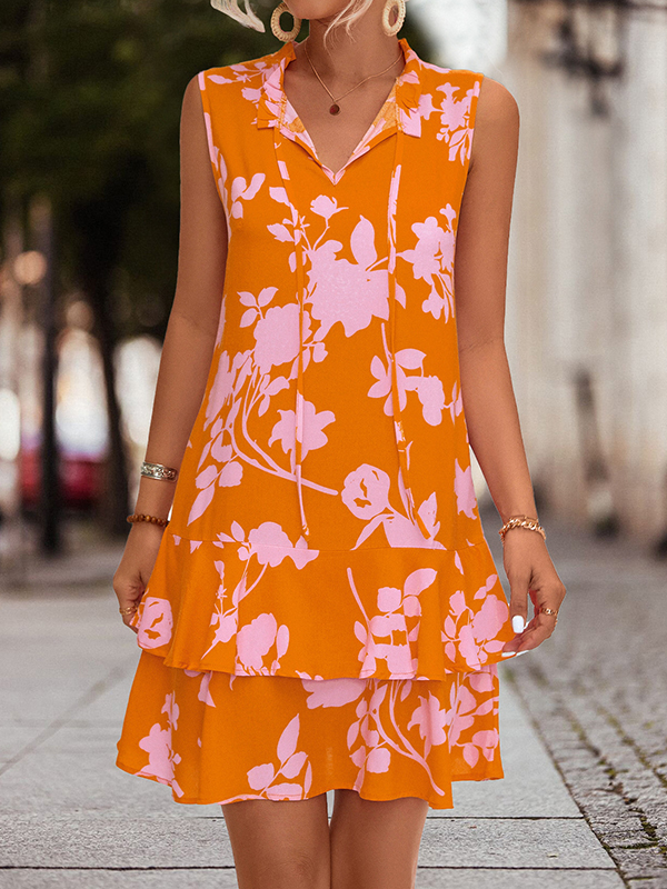 Falbala Printed Split-Joint Tied Tiered A-Line High Waisted V-Neck Mini Dresses