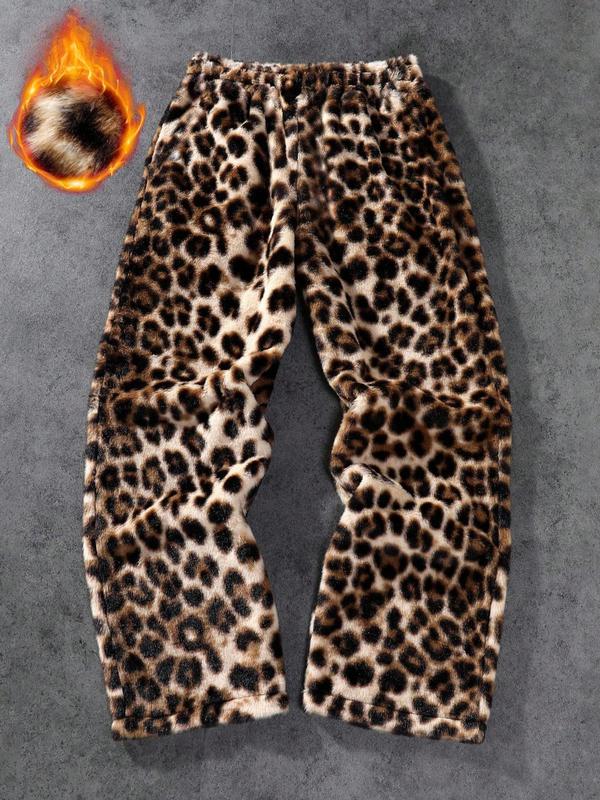 Unisex Leopard Print Fleece Pants, Soft Rabbit Fur Fabric, Fall Winter Warm Comfort, Street Hip Hop Style, Daily & Outdoor Wear