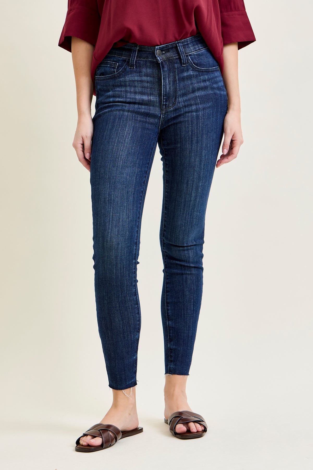 Kinsley Edgy Mid Rise Skinnies with a Raw Twist