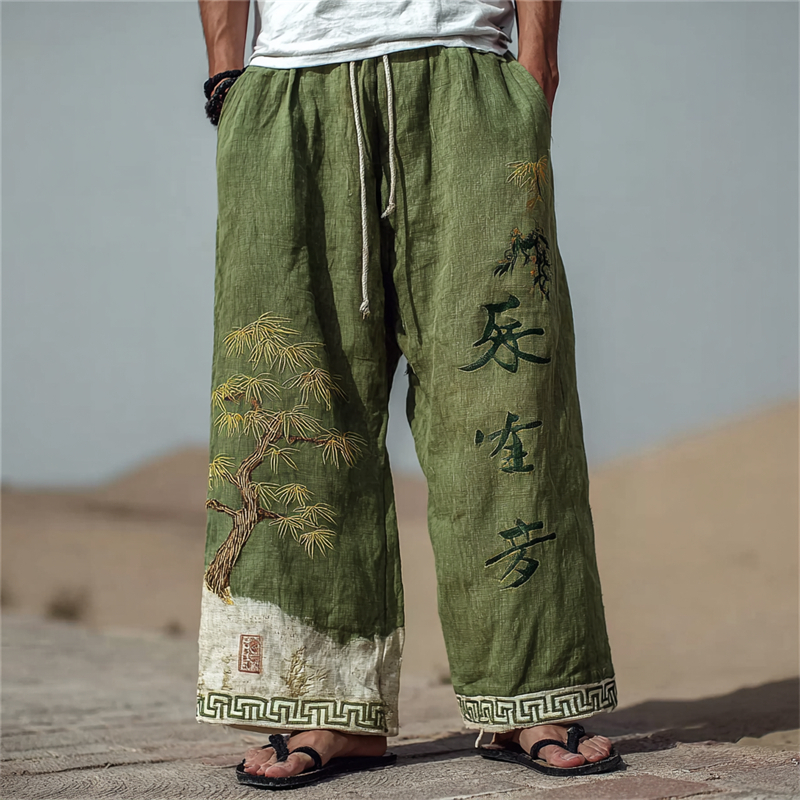 Men's Japanese Pine Tree Calligraphy Bleached Linen Pants
