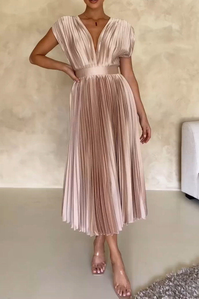 Women's Elegant V-neck Shiny Pleated Sleeveless Dress