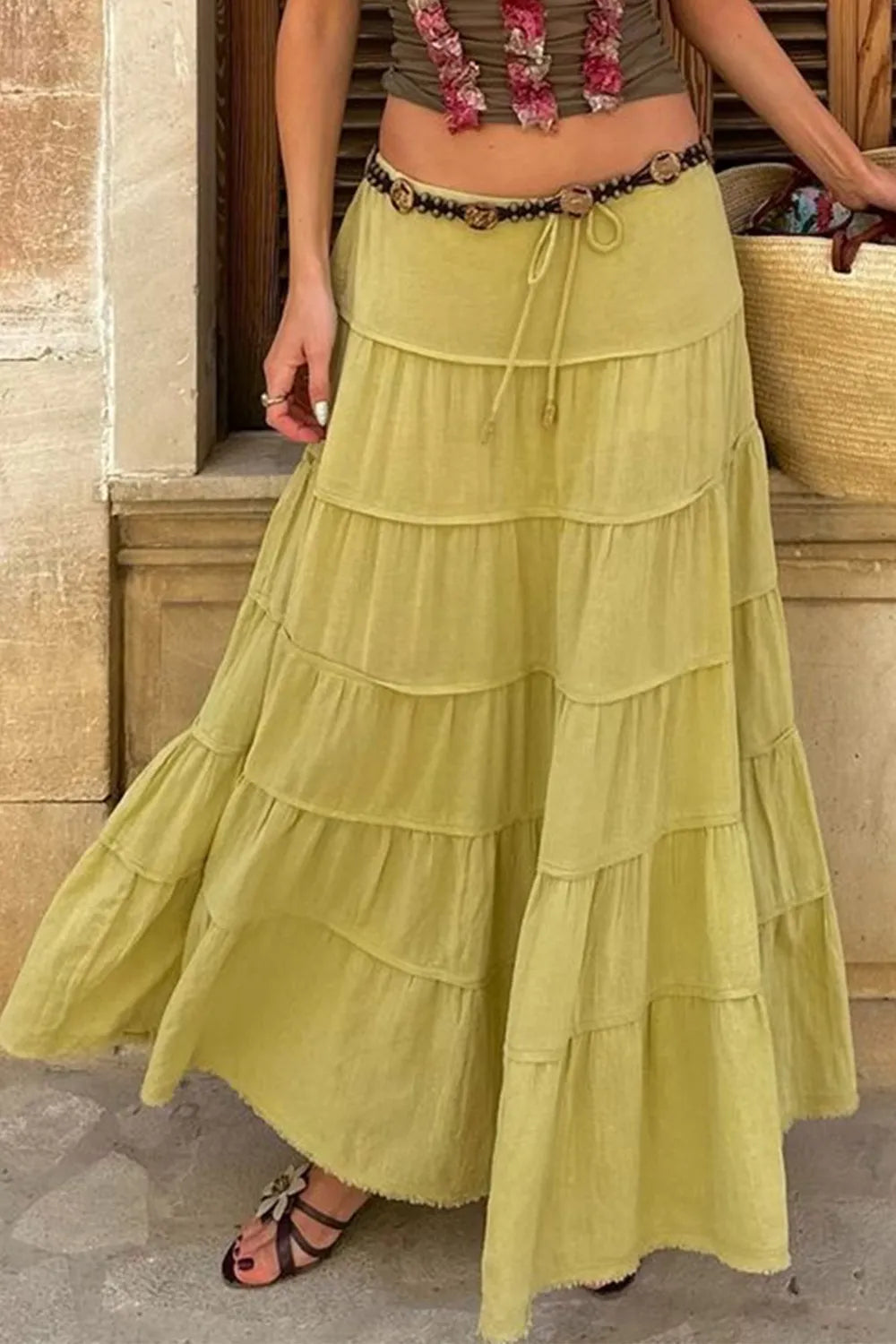 Bohemian Tiered Maxi Skirt With Drawstring Waist
