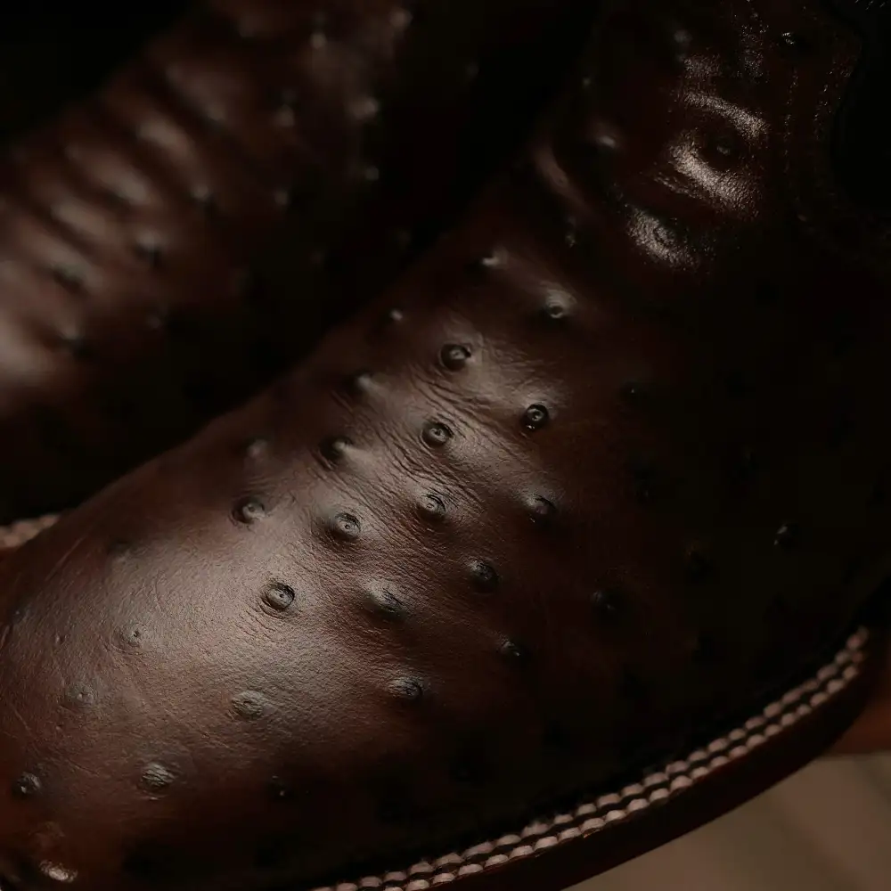 Chocolate Brown Ostrich Leather Boots - Square Toe