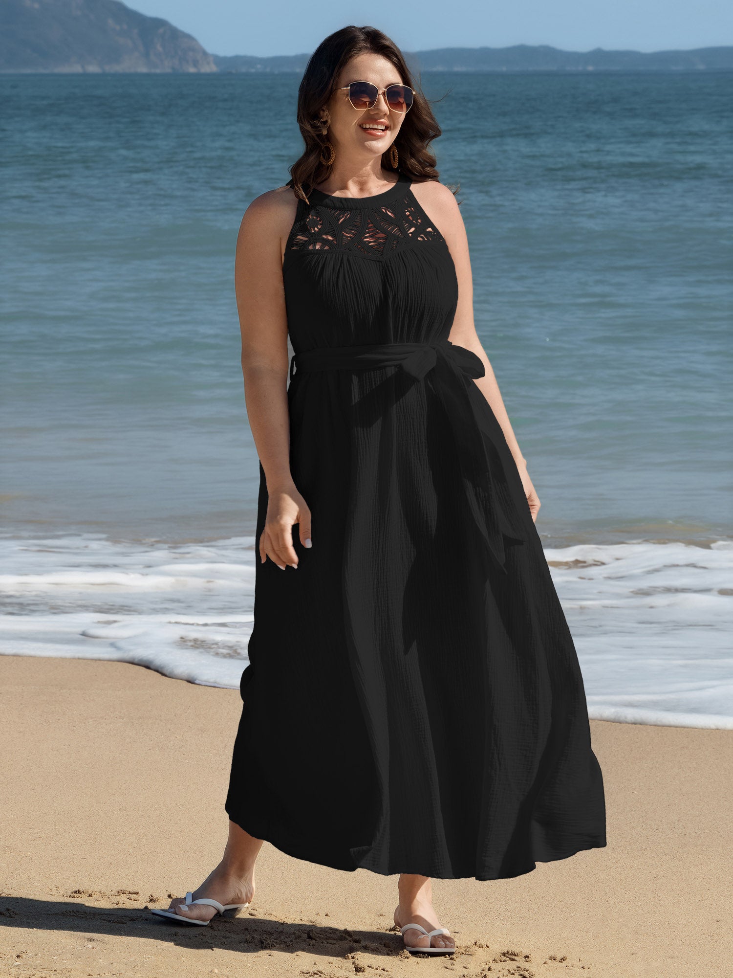 Cotton Sheer Lace Neckline Waist-Tie Maxi Dress