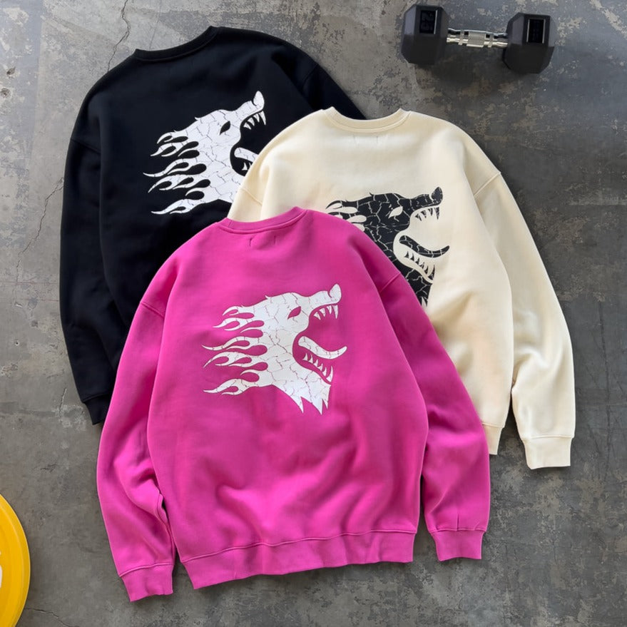 OVERSIZED LUX WAR WOLF CREW NECK - CREAM / BLACK