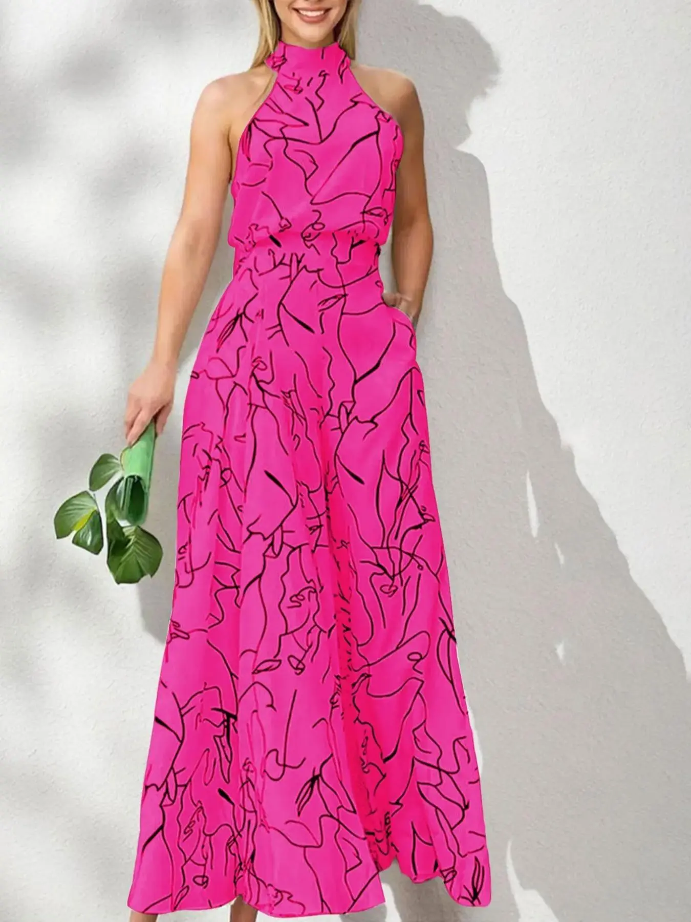 Women's All Over Print Pocket Tie Back Halter Jumpsuit