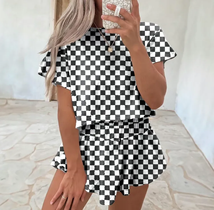 Summer Essential: Women's Checkerboard Tee & Ruffle Skort Set