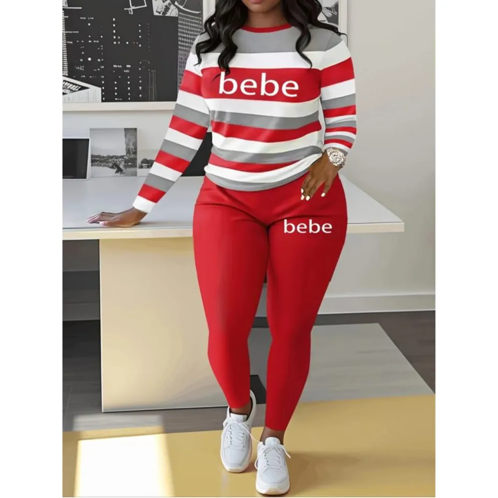 Women's Striped Bebe Letter Print Sets