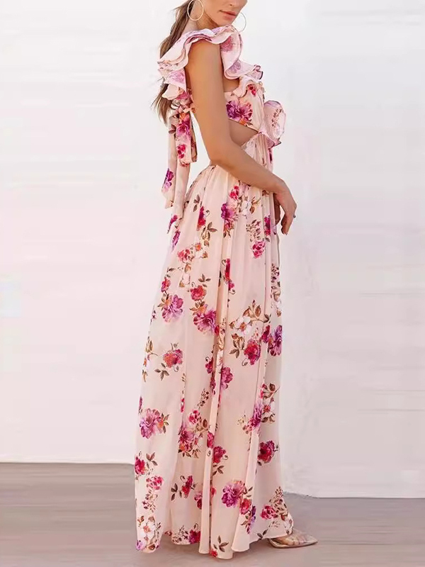 Flower Printed Sleeveless V-Neck Ruffled Elegant Backless Maxi Dresses