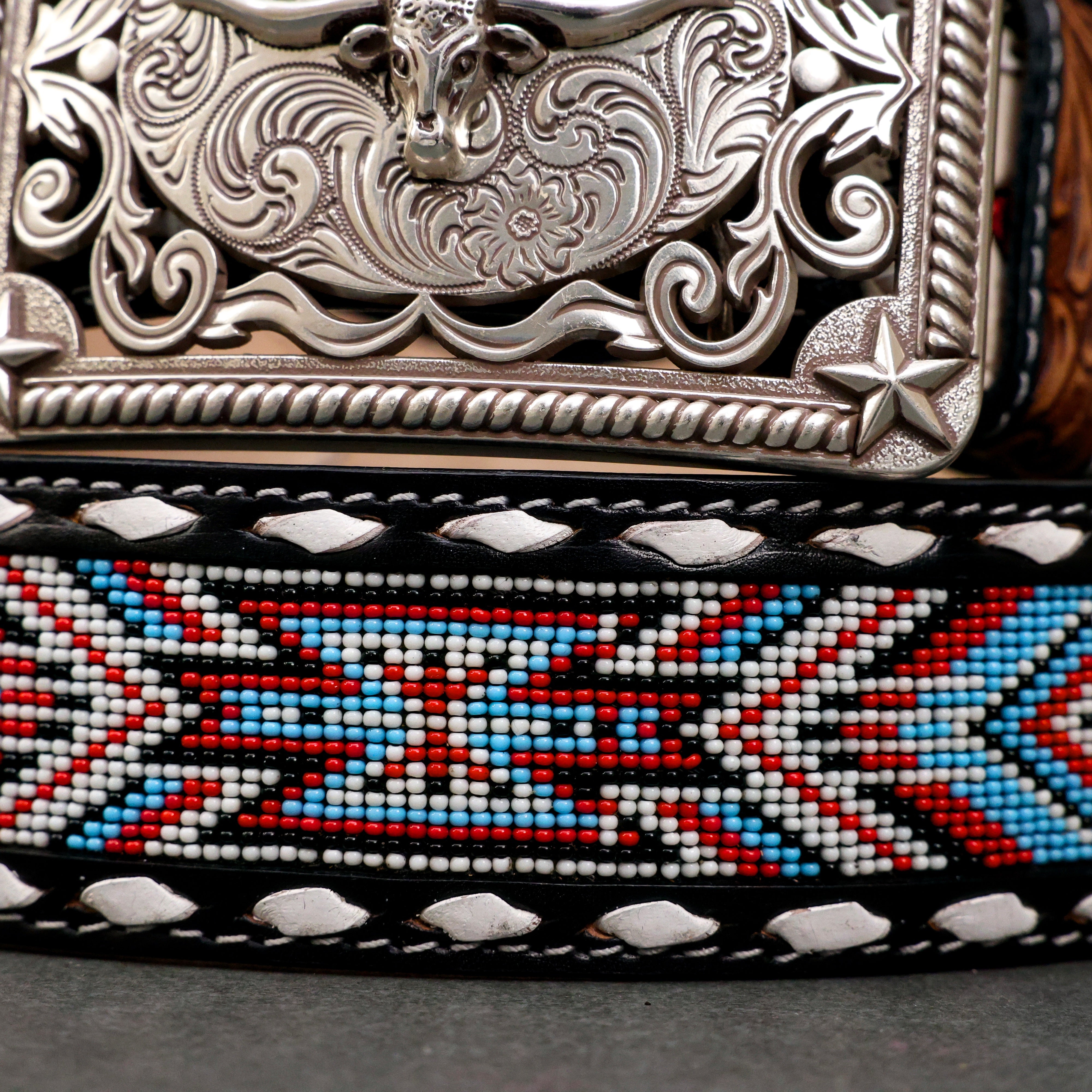 2 Inch Hand-Tooled Artesanal Beaded Leather Belt
