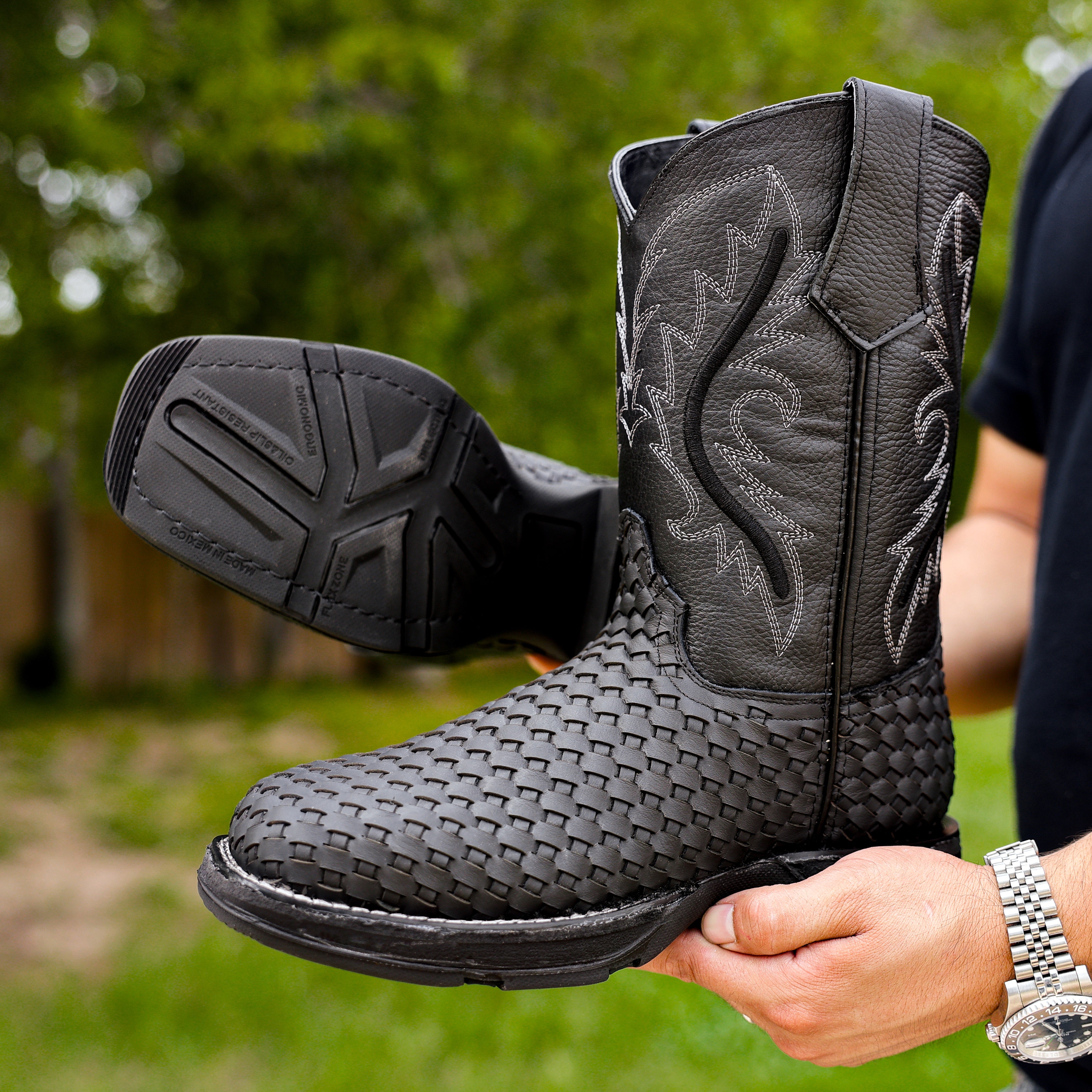 Black Basketweave Leather Boots With 3D Lightweight Sole - Square Toe