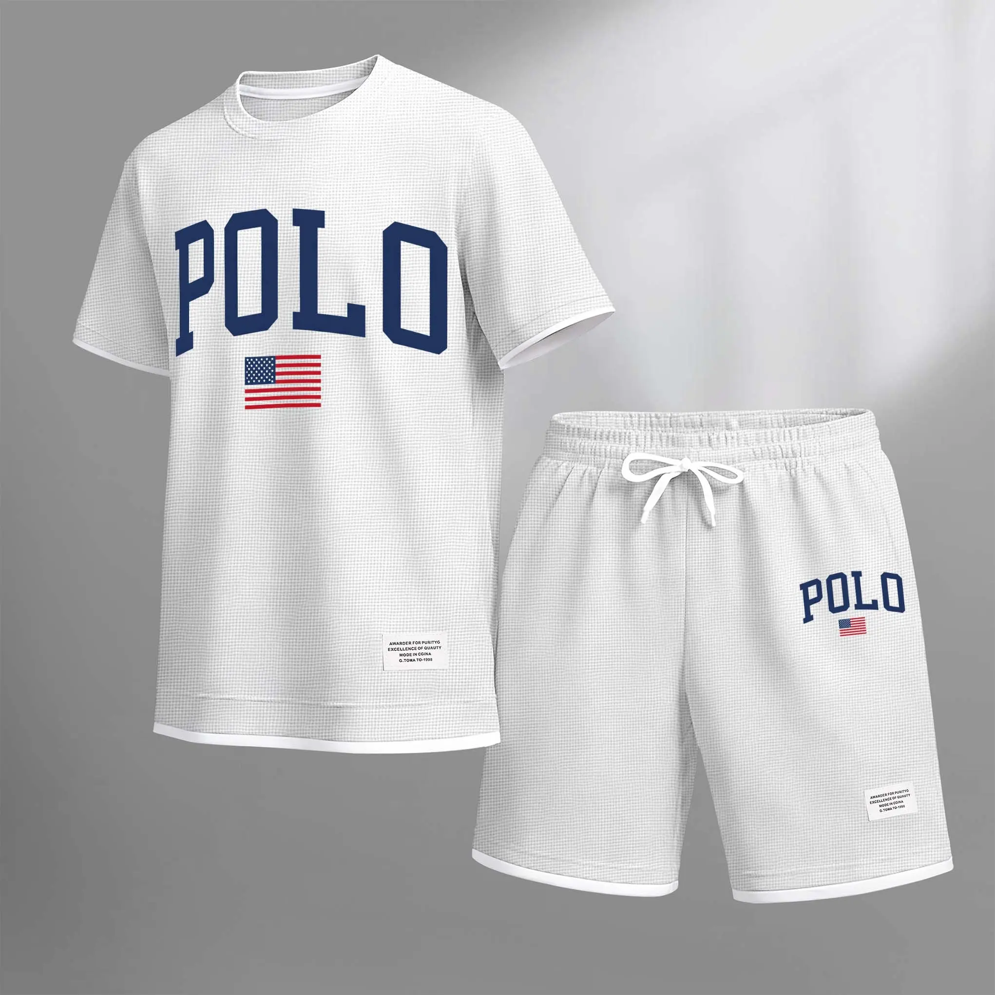 Men's Polo Print Drawstring Shorts Set For Spring/Summer- A Casual Summer Outfit, Including A Short-Sleeved Shirt And Shorts