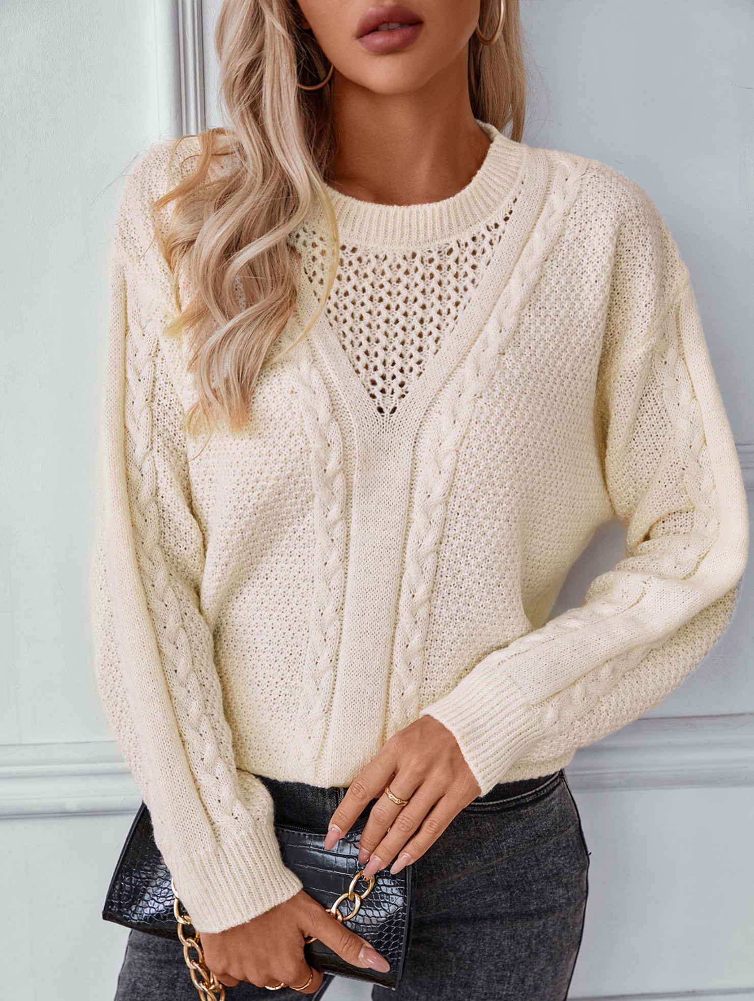Solid Hollow Twist Knit Pullover Sweater_CWOSWL09271