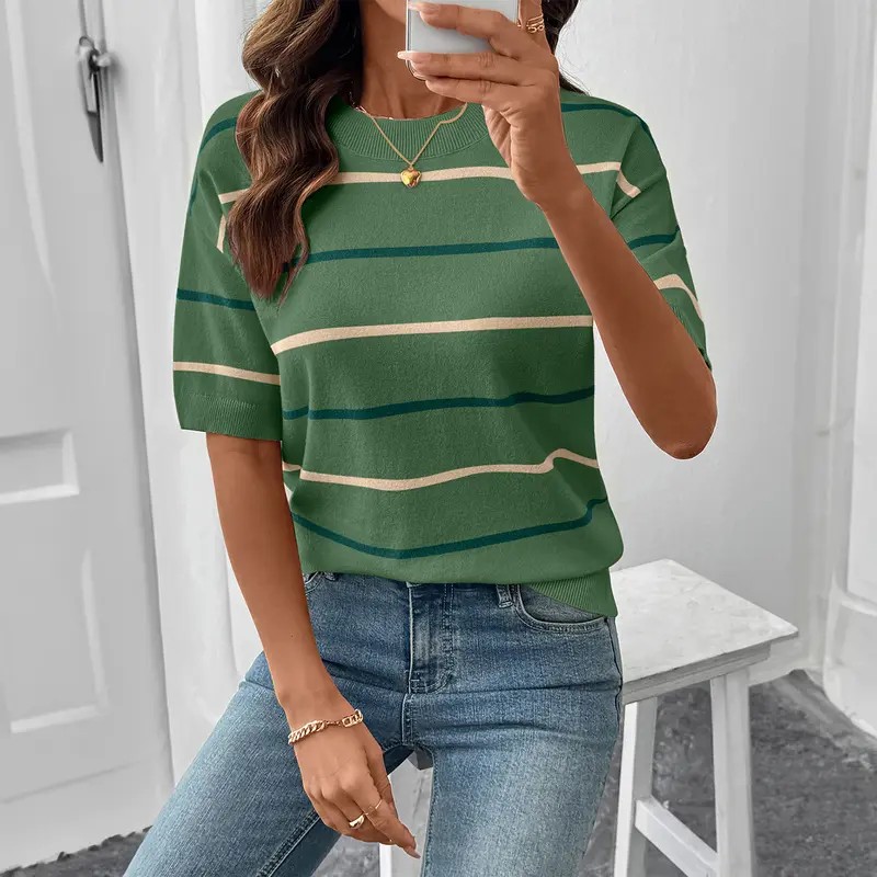 2026 Spring/Summer Women's Short Sleeve Striped Sweatshirt - Soft Breathable Fabric Crew Neck Pullover Top for Daily Wear