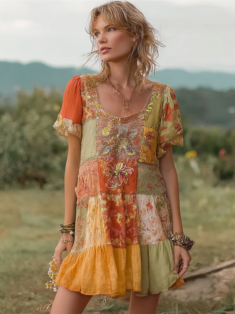 Boho Sunset Floral Patchwork Women's Short Sleeve Mini Dress
