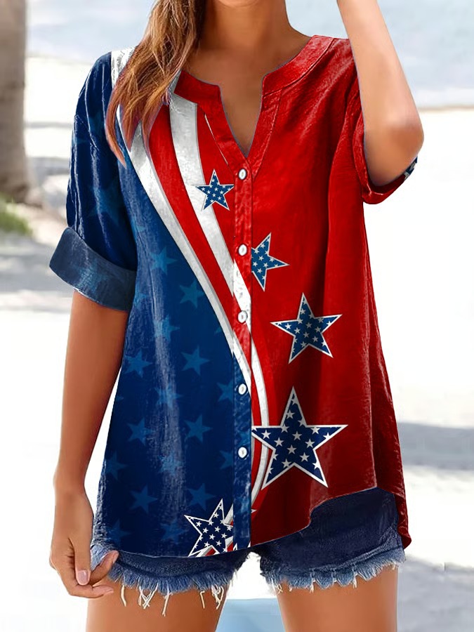 Women's Vintage Flag Print Button-Down Shirt